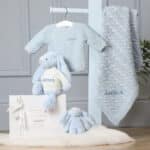 Personalised Toffee Moon luxury pale blue cable baby blanket and pale blue Jellycat bashful bunny Birthday Gifts 7
