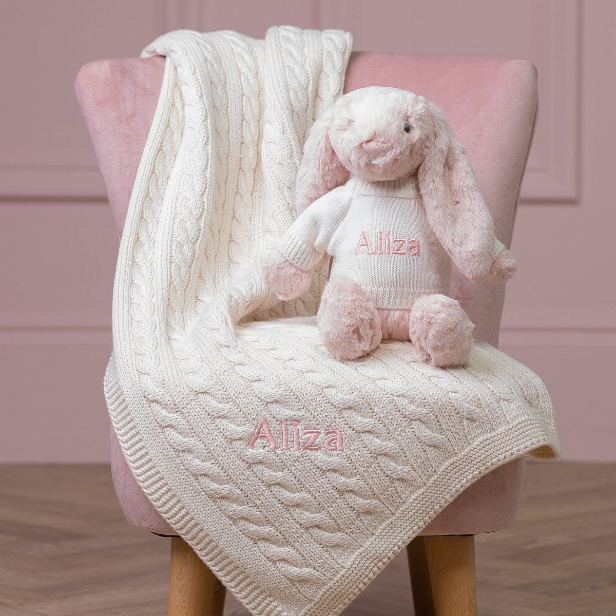 Personalised Toffee Moon luxury cream cable baby blanket and blush pink Jellycat bashful bunny Birthday Gifts 2