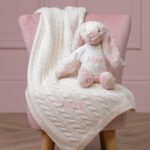 Personalised Toffee Moon luxury cream cable baby blanket and blush pink Jellycat bashful bunny Birthday Gifts 3