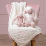 Personalised Toffee Moon luxury cream cable baby blanket and blush pink Jellycat bashful bunny Birthday Gifts 4