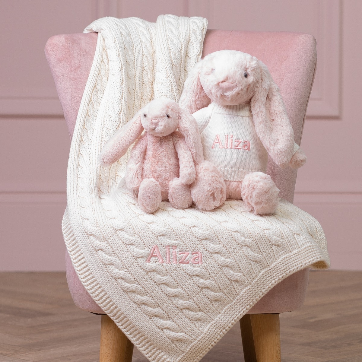 Personalised Toffee Moon luxury cream cable baby blanket and blush pink Jellycat bashful bunny