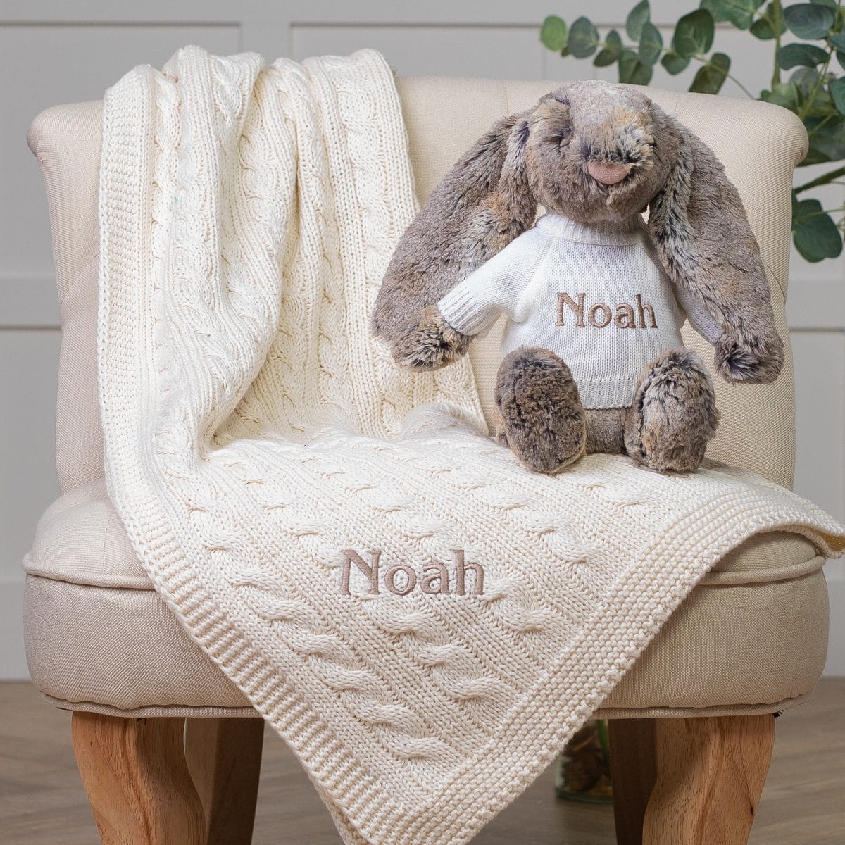 Personalised Toffee Moon luxury cream cable baby blanket and cottontail Jellycat bashful bunny