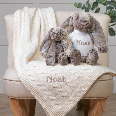 Personalised Toffee Moon luxury cream cable baby blanket and cottontail Jellycat bashful bunny 2