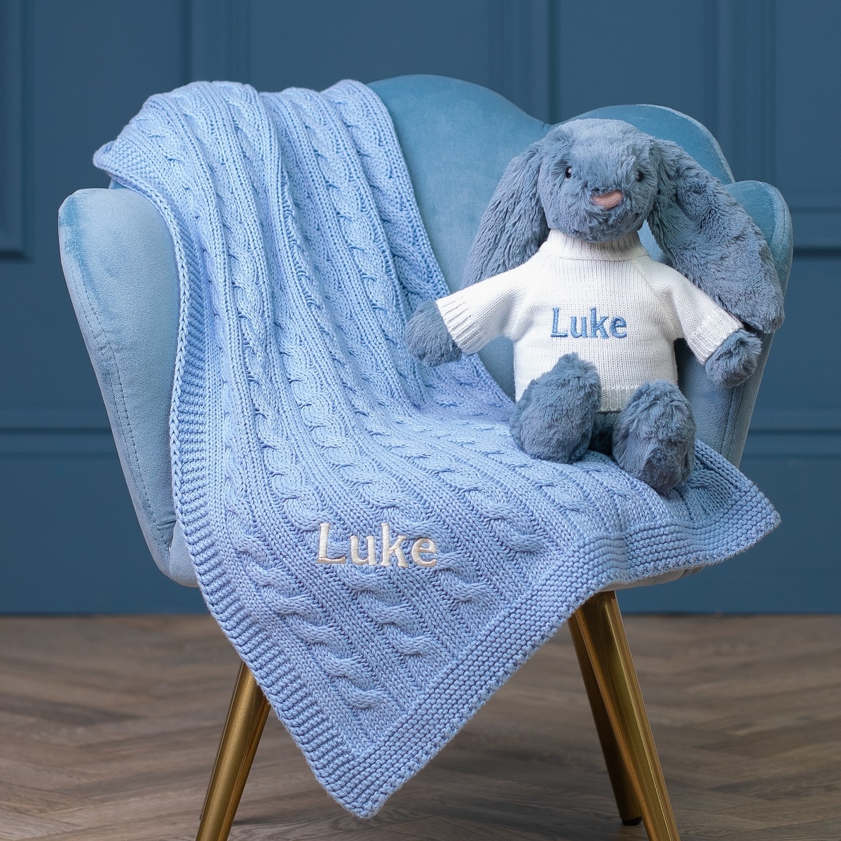 Personalised Toffee Moon luxury blue grey cable baby blanket and dusky blue Jellycat bashful bunny
