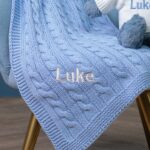 Personalised Toffee Moon luxury blue grey cable baby blanket and dusky blue Jellycat bashful bunny Birthday Gifts 4