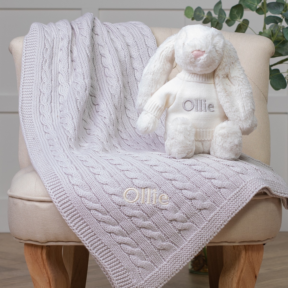 Personalised Toffee Moon luxury cable baby blanket and Jellycat bashful bunny set in grey/cream