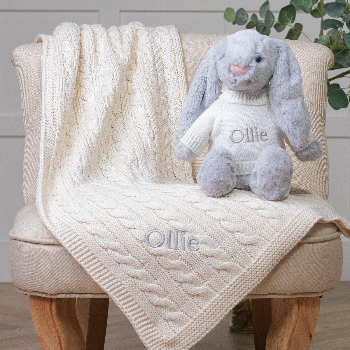 Personalised Toffee Moon luxury cable baby blanket and Jellycat bashful bunny set in grey/cream