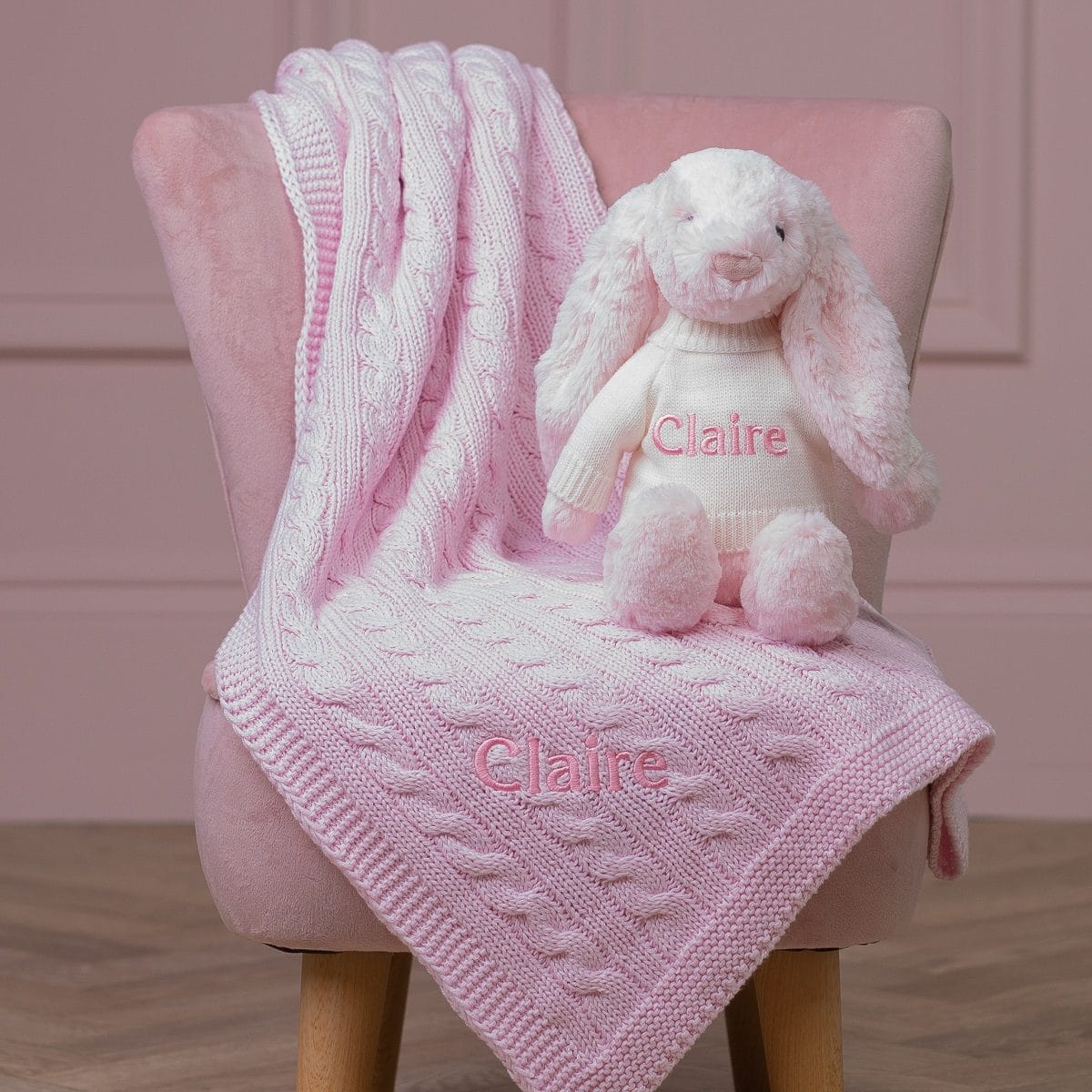 Personalised Toffee Moon luxury pale pink cable baby blanket and pale pink Jellycat bashful bunny Blankets 2