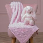 Personalised Toffee Moon luxury pale pink cable baby blanket and pale pink Jellycat bashful bunny Blankets 3