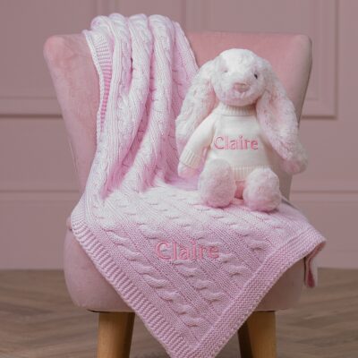 Personalised Toffee Moon luxury pale pink cable baby blanket and pale pink Jellycat bashful bunny
