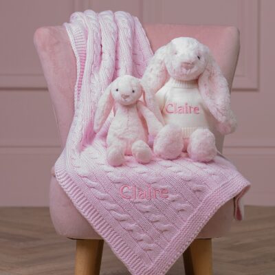 Personalised Toffee Moon luxury pale pink cable baby blanket and pale pink Jellycat bashful bunny Baby Gift Sets 2