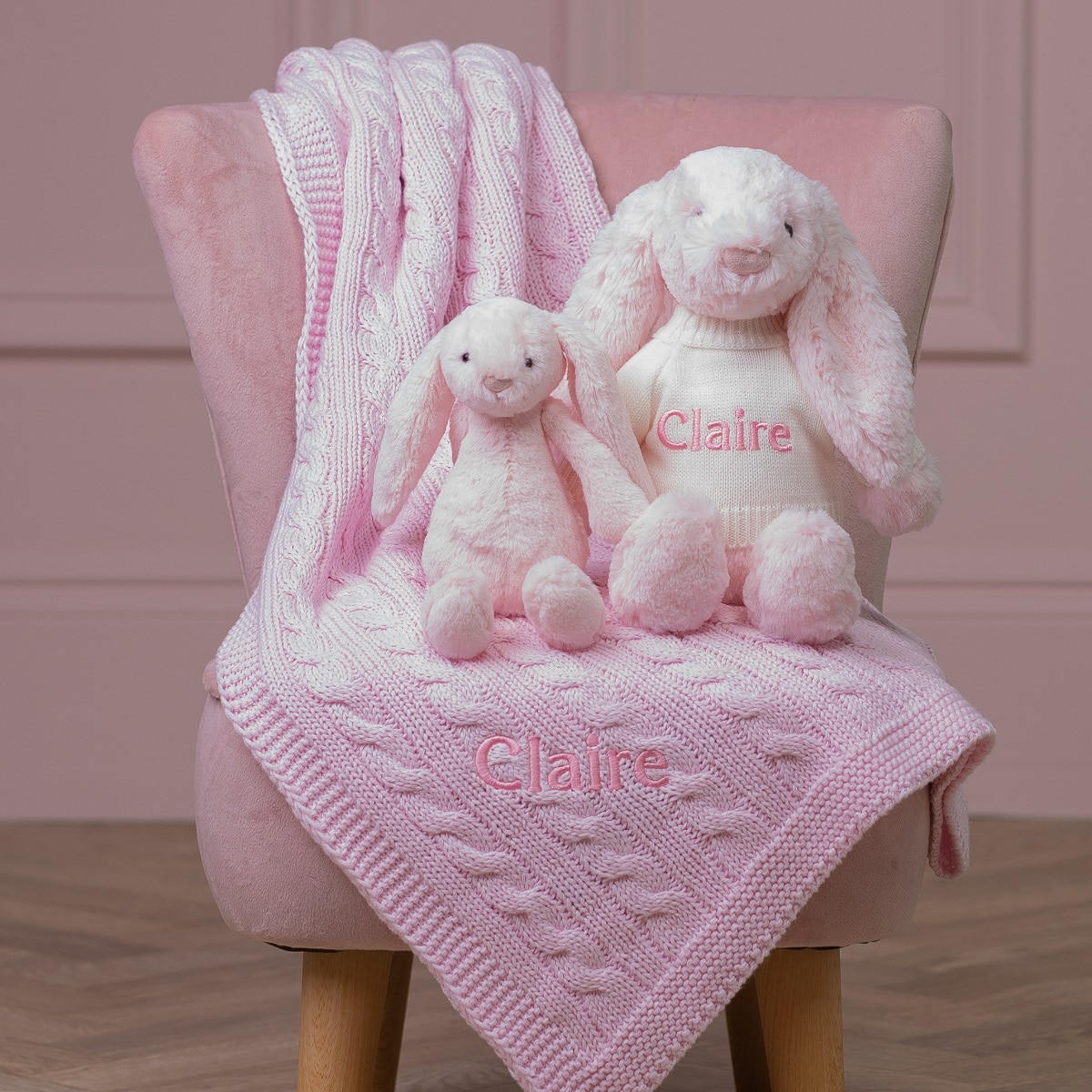 Personalised Toffee Moon luxury pale pink cable baby blanket and pale pink Jellycat bashful bunny