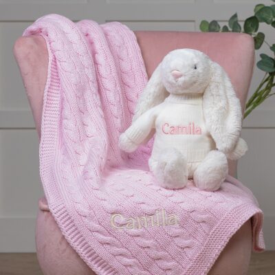 Personalised Toffee Moon luxury cable baby blanket and Jellycat bashful bunny set in pale pink/cream