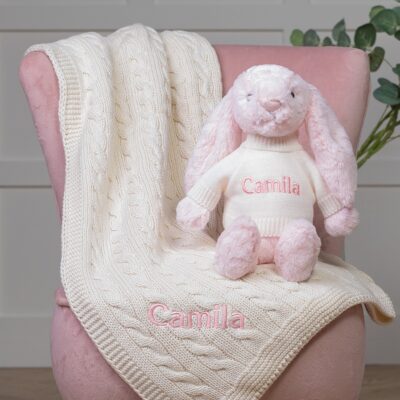 Personalised Toffee Moon luxury cable baby blanket and Jellycat bashful bunny set in pale pink/cream 2