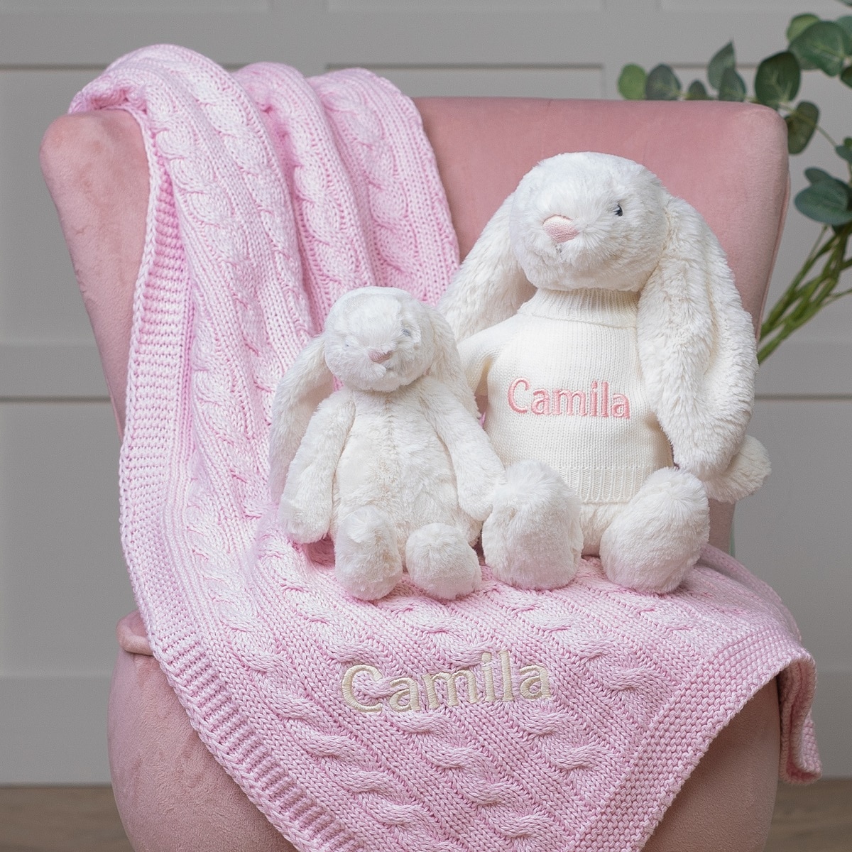 pink personalised blanket and white bunny teddy large and small