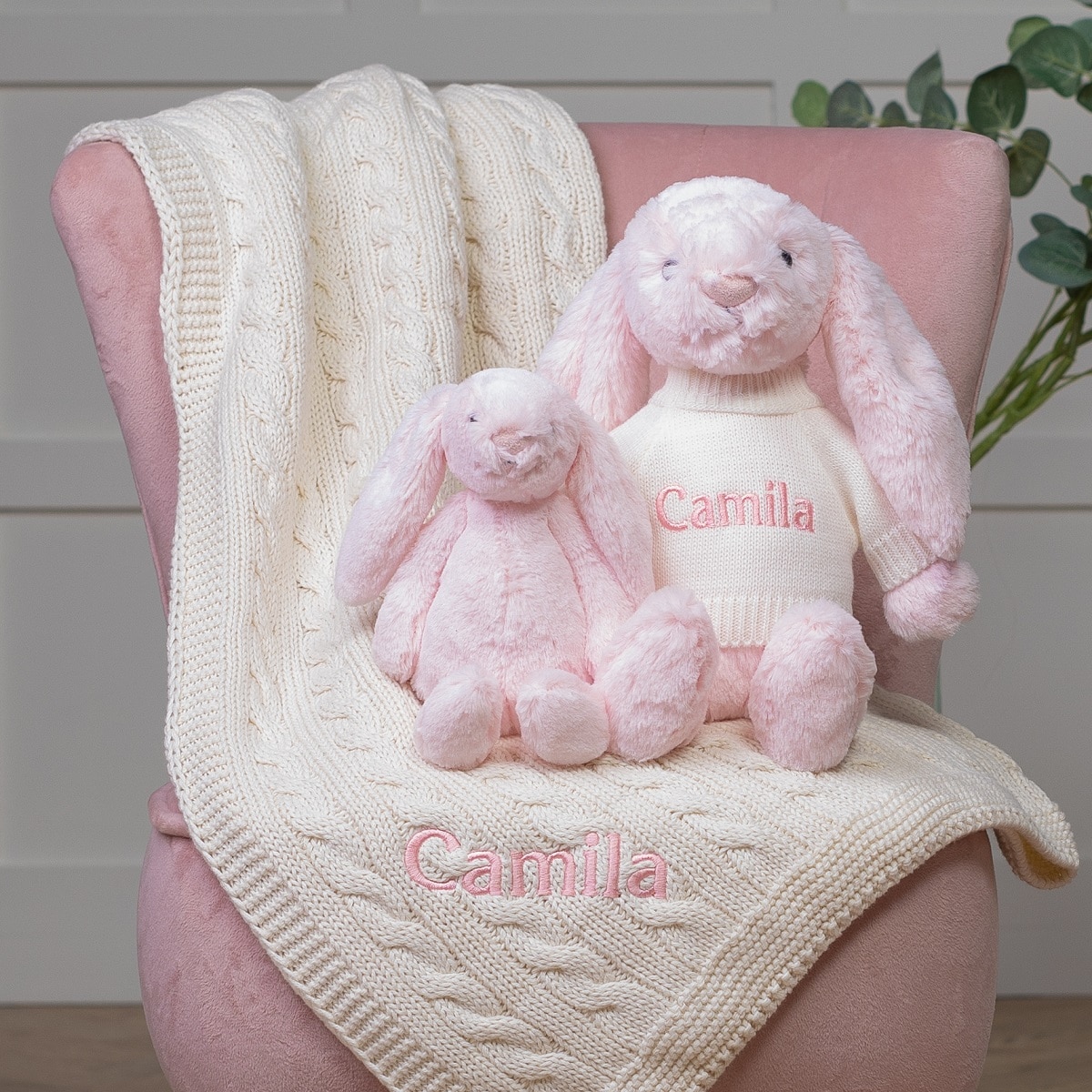 Personalised Toffee Moon luxury cable baby blanket and Jellycat bashful bunny set in pale pink/cream