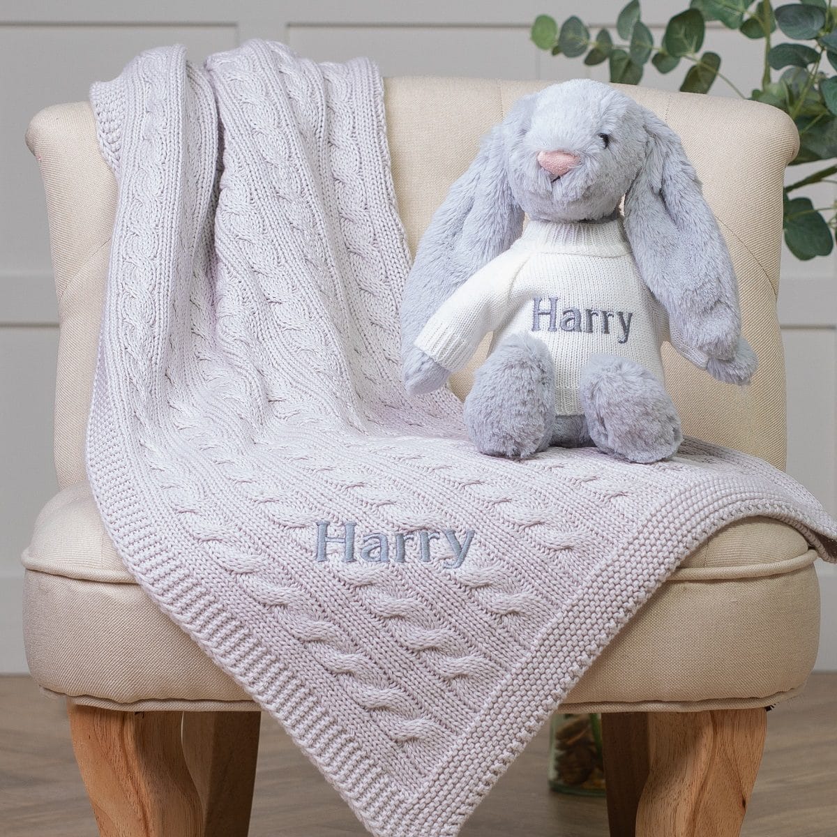 Personalised Toffee Moon luxury glacier grey cable baby blanket and silver Jellycat bashful bunny