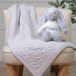Personalised Toffee Moon luxury glacier grey cable baby blanket and silver Jellycat bashful bunny Baby Gift Sets 3