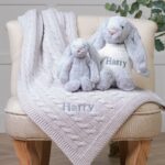 Personalised Toffee Moon luxury glacier grey cable baby blanket and silver Jellycat bashful bunny Baby Shower Gifts 4