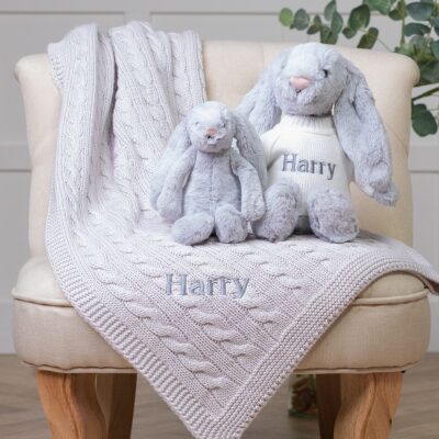 Personalised Toffee Moon luxury glacier grey cable baby blanket and silver Jellycat bashful bunny 2