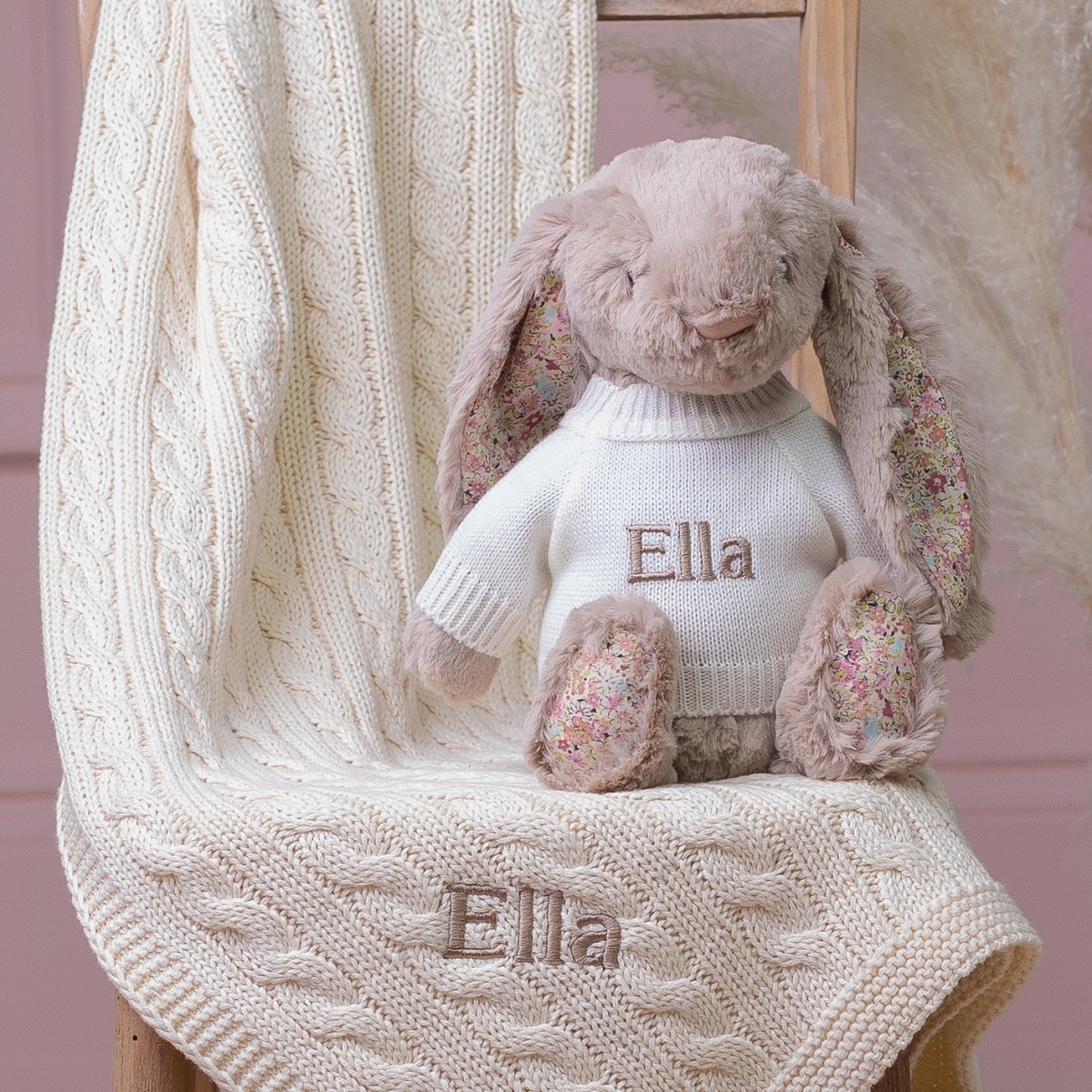 Personalised Toffee Moon luxury cream cable baby blanket and beige Jellycat blossom bunny