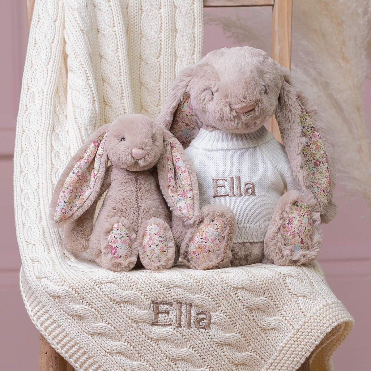 Personalised Toffee Moon luxury cream cable baby blanket and beige Jellycat blossom bunny