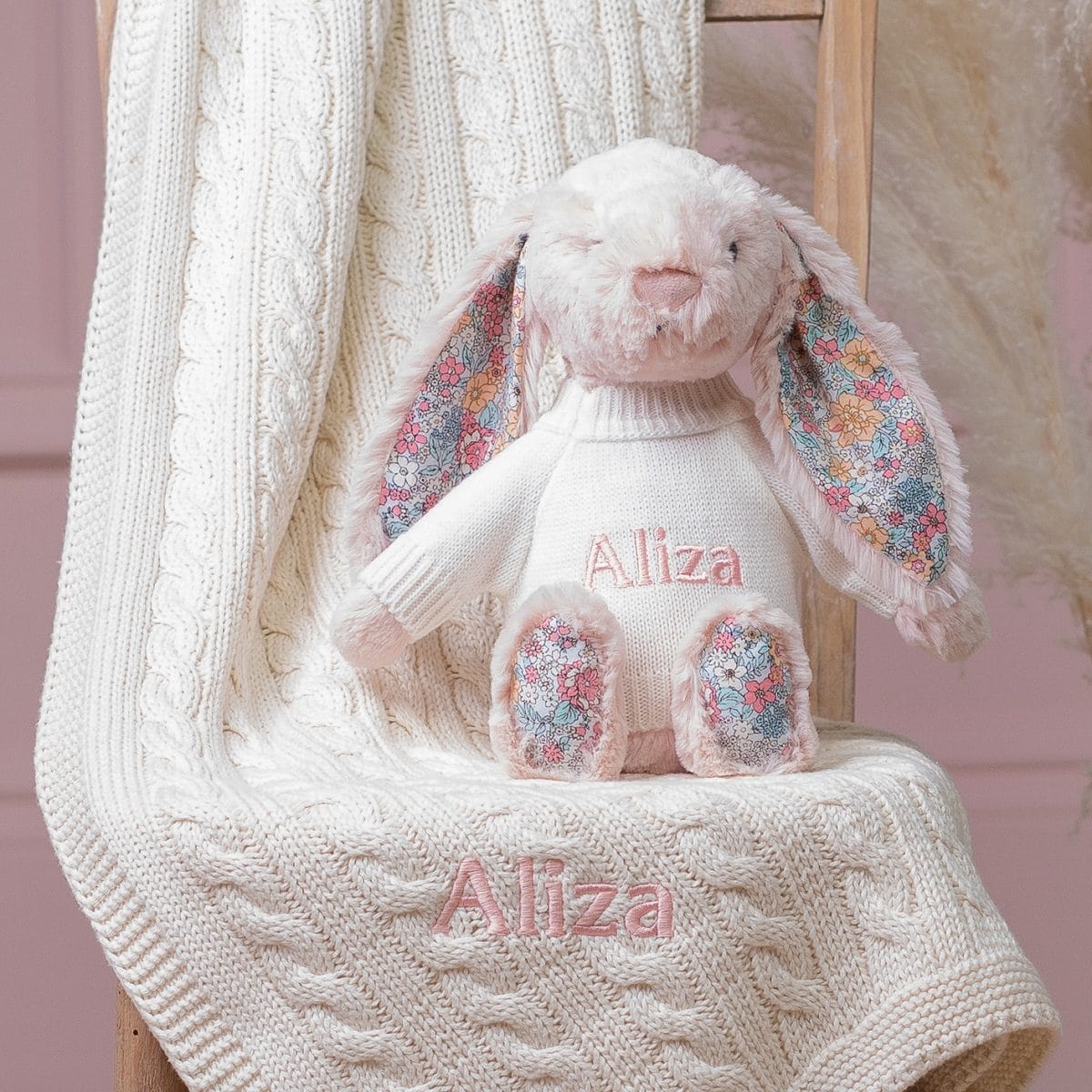 Personalised Toffee Moon luxury cream cable baby blanket and blush pink Jellycat blossom bunny