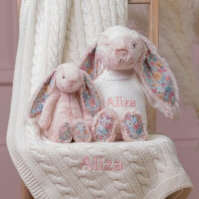 Personalised Toffee Moon luxury cream cable baby blanket and blush pink Jellycat blossom bunny 2