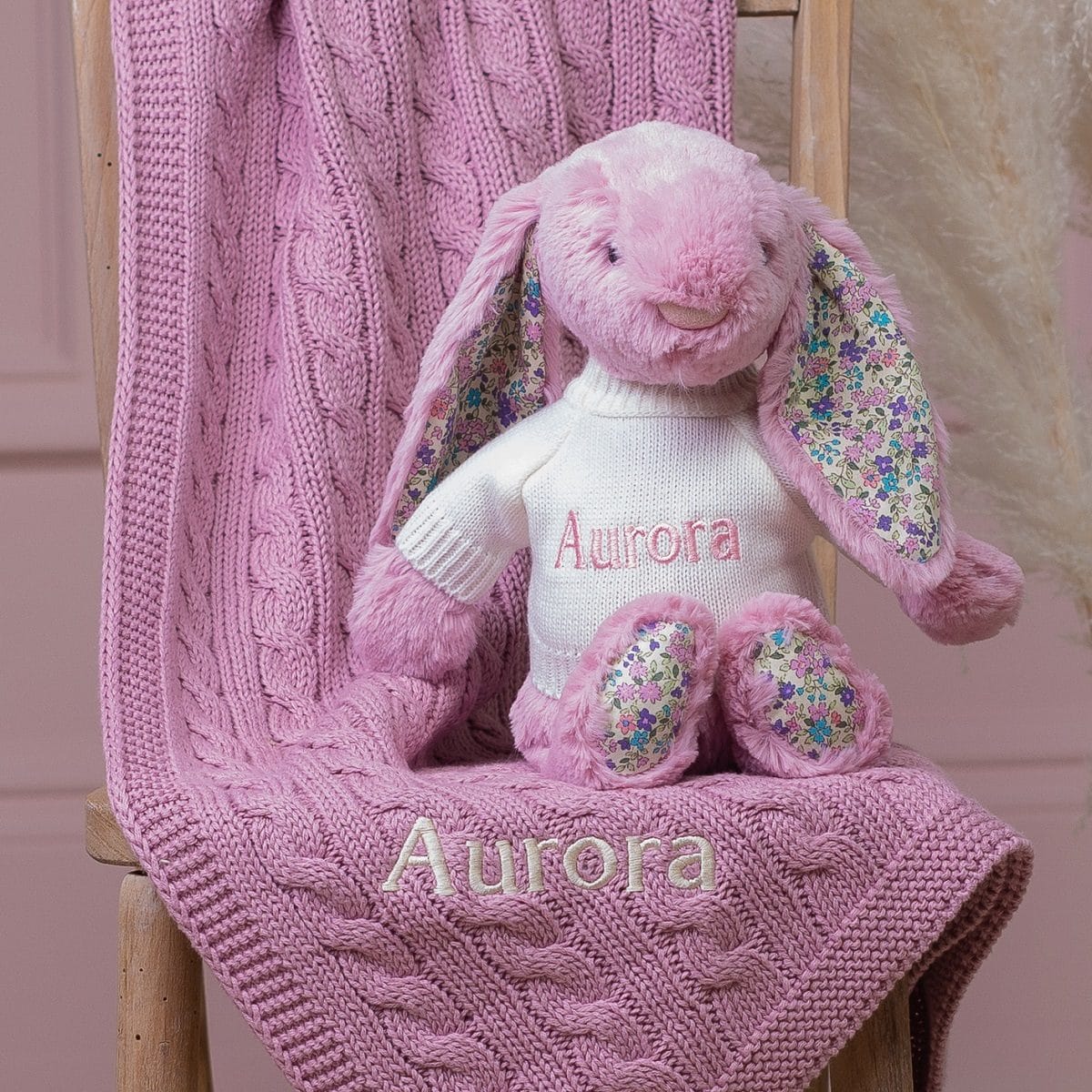Personalised Toffee Moon luxury dawn pink cable baby blanket and tulip Jellycat blossom bunny
