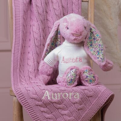 Personalised Toffee Moon luxury dawn pink cable baby blanket and tulip Jellycat blossom bunny 2