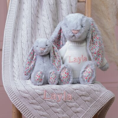 Personalised Toffee Moon luxury glacier grey cable baby blanket and silver Jellycat blossom bunny 2