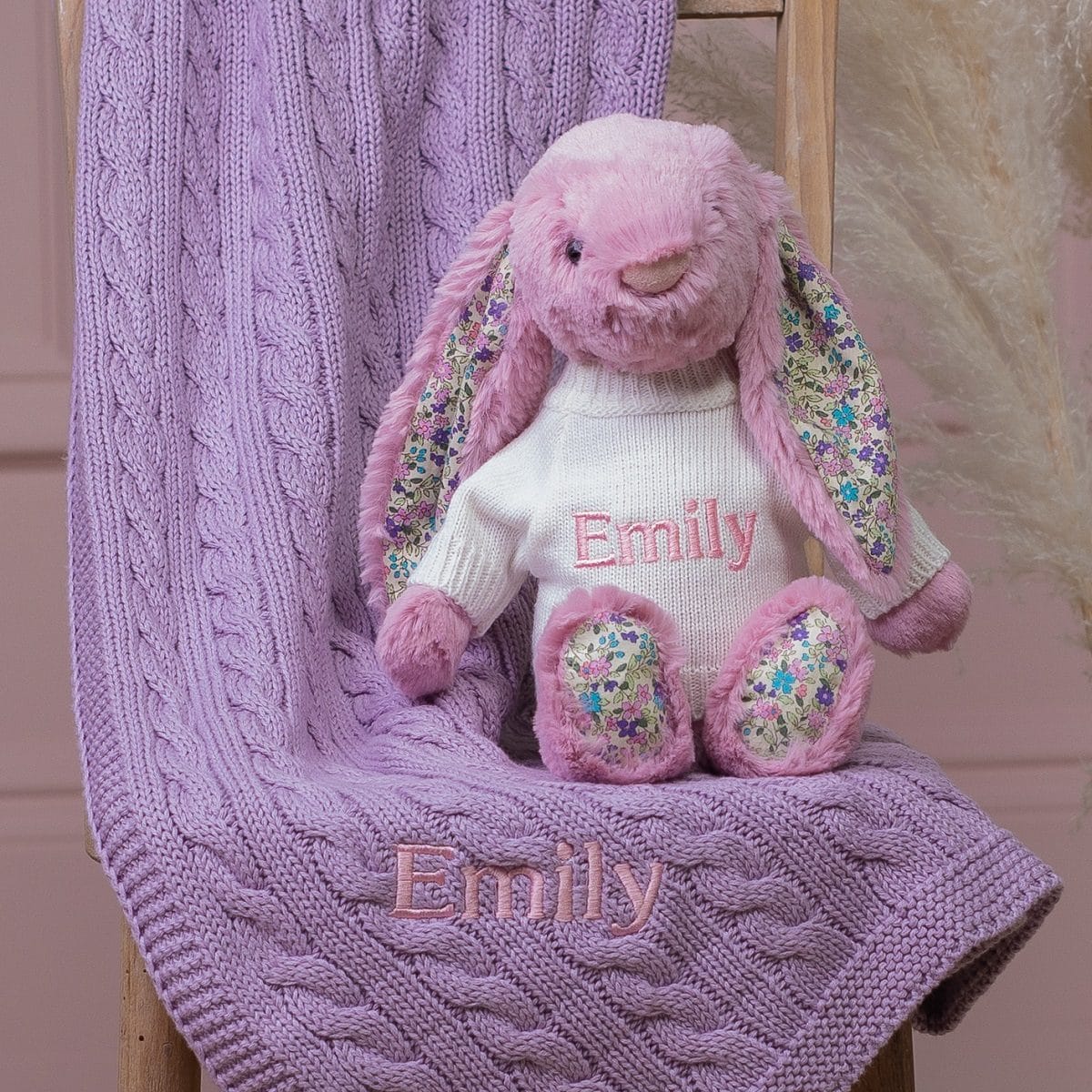 Personalised Toffee Moon luxury purple thistle cable baby blanket and tulip Jellycat blossom bunny