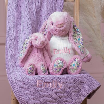 Personalised Toffee Moon luxury purple thistle cable baby blanket and tulip Jellycat blossom bunny 3
