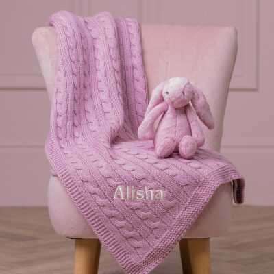 Toffee Moon personalised dawn pink luxury cable baby blanket