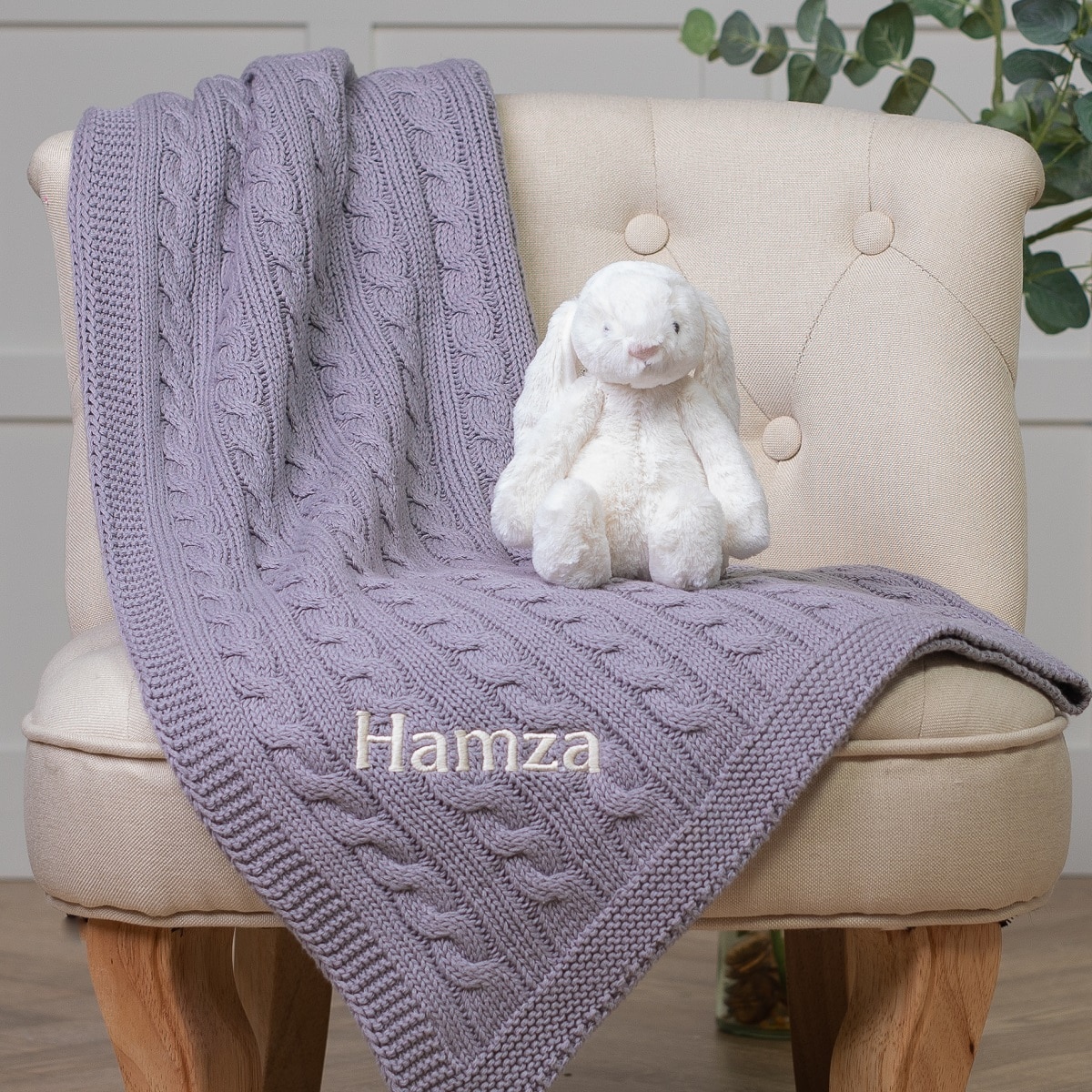 Toffee Moon personalised hound grey luxury cable baby blanket