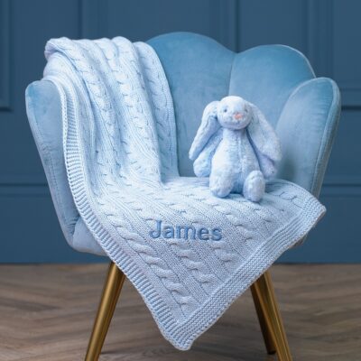 Toffee Moon personalised pale blue luxury cable baby blanket