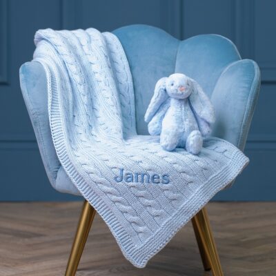 Toffee Moon personalised pale blue luxury cable baby blanket Christening Gifts 2