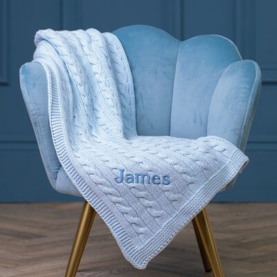 Toffee Moon personalised pale blue luxury cable baby blanket 2