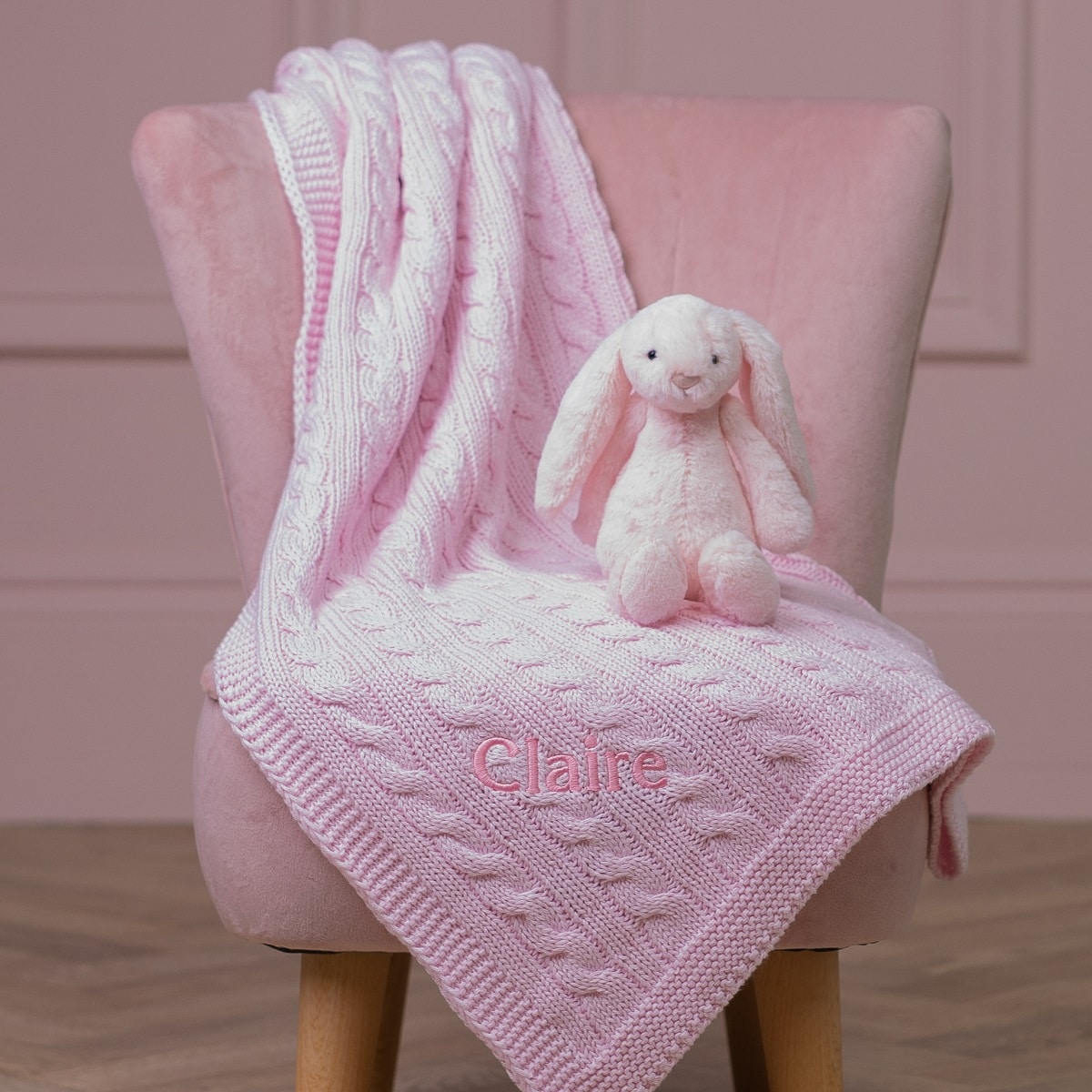 Toffee Moon personalised pale pink luxury cable baby blanket