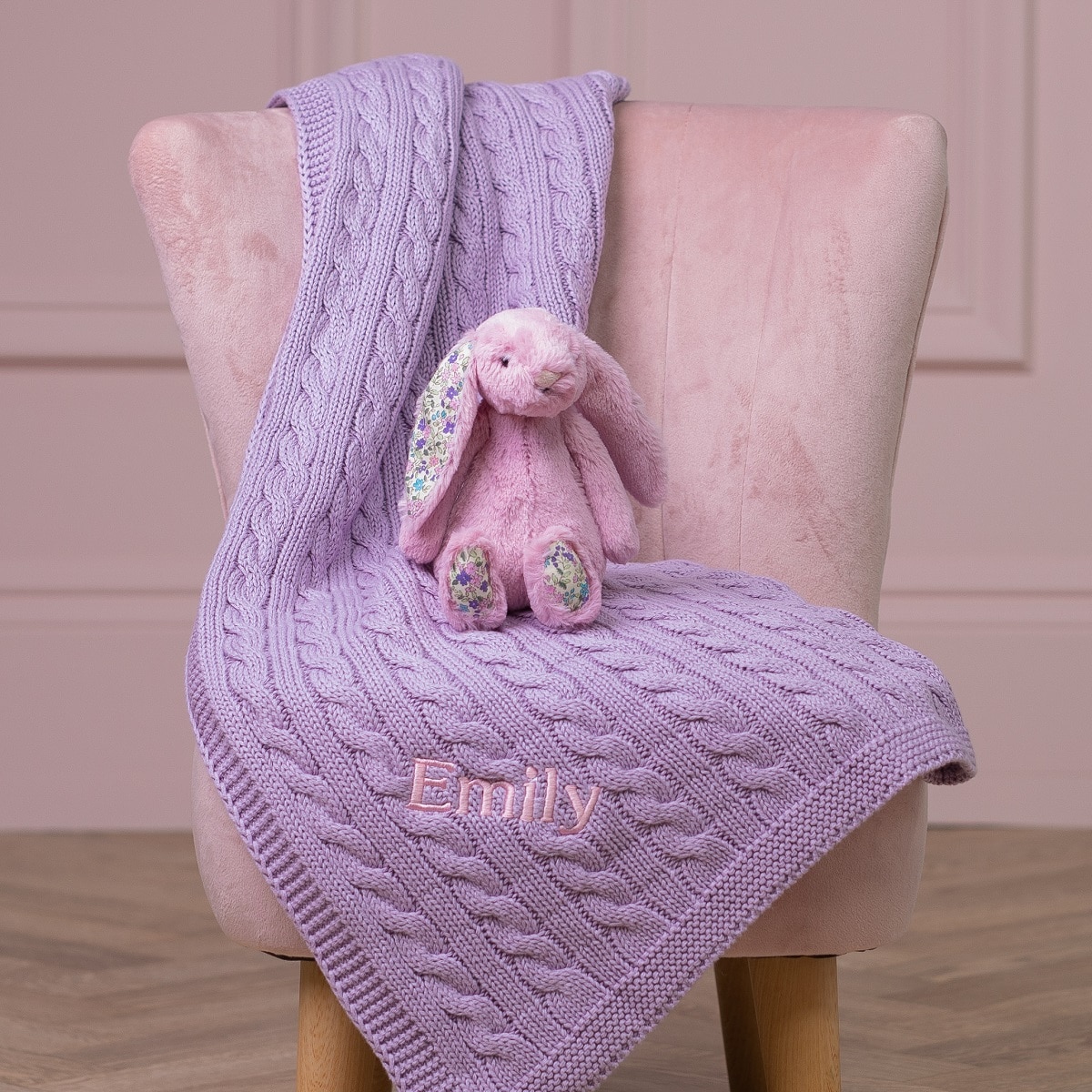 purple floral bunny teddy with personalised blanket