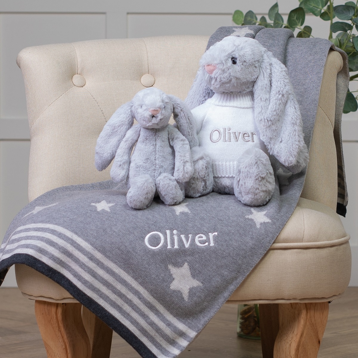 Personalised Jellycat grey bashful bunny and ziggle star baby blanket gift set