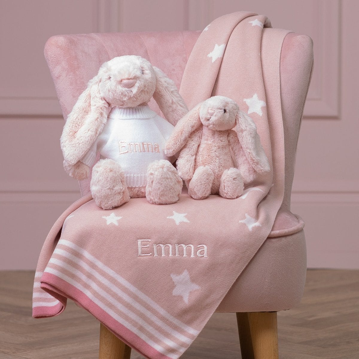 Personalised Jellycat pink bashful bunny and ziggle star baby blanket gift set