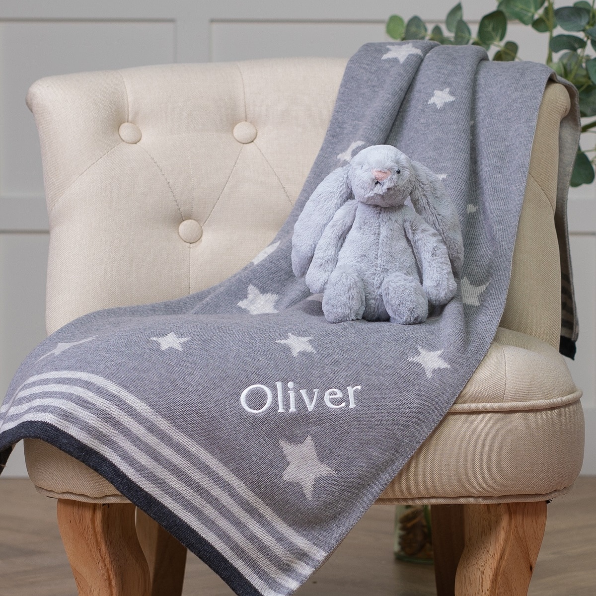 Ziggle personalised grey stars cotton knitted baby blanket