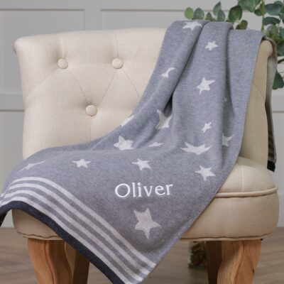 Ziggle personalised grey stars cotton knitted baby blanket