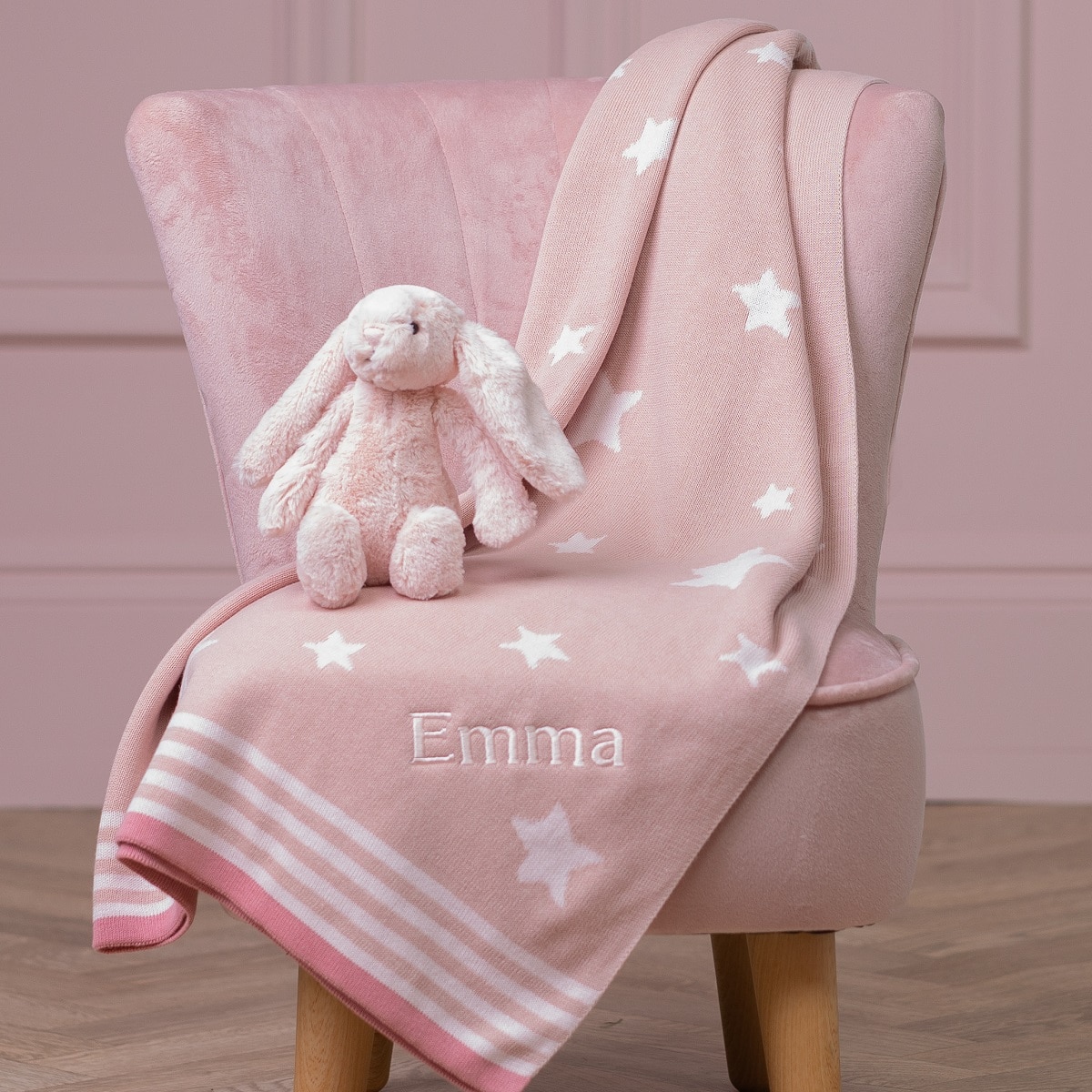 Ziggle personalised pink stars cotton knitted baby blanket