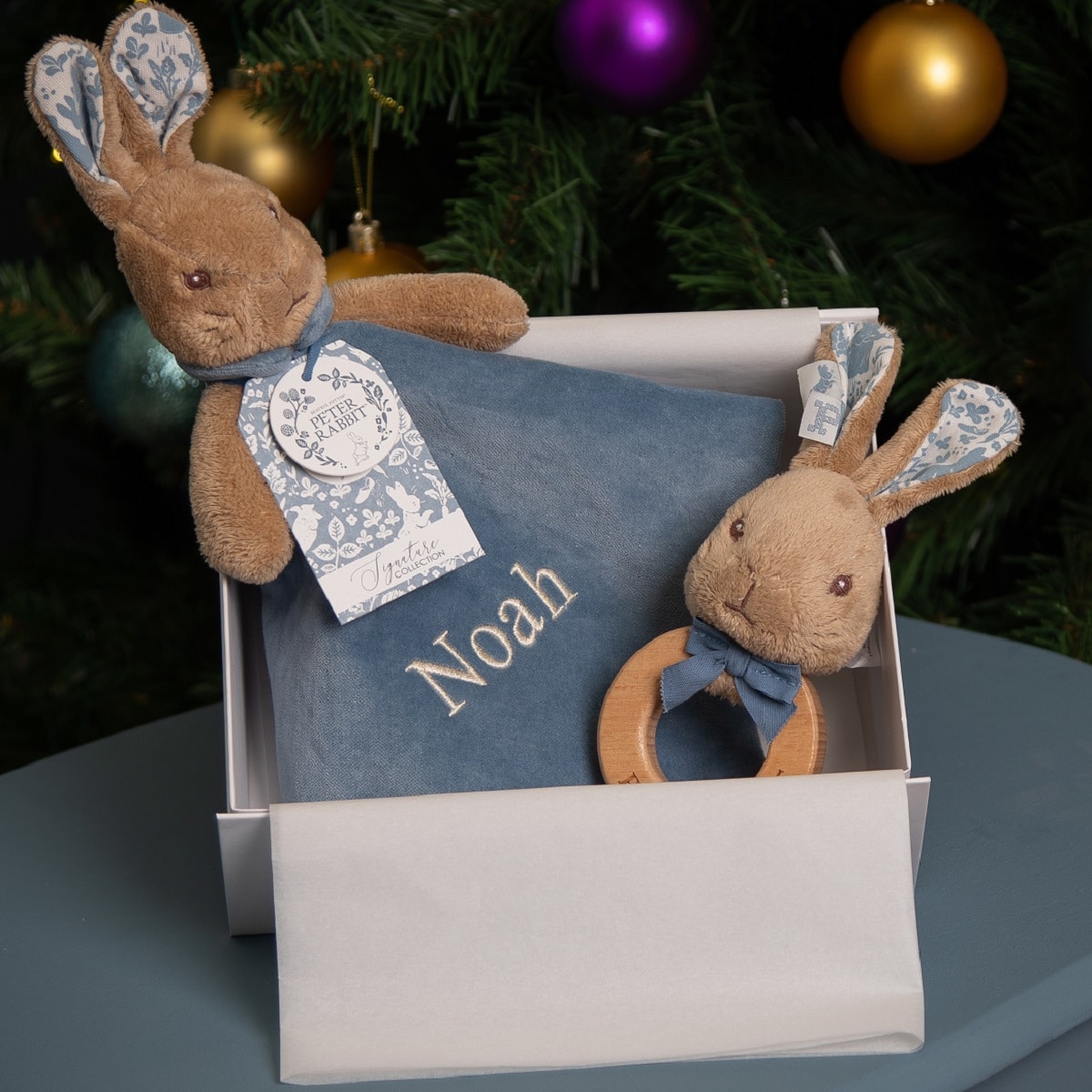 Peter Rabbit signature collection personalised baby comfort blanket and wooden rattle gift set