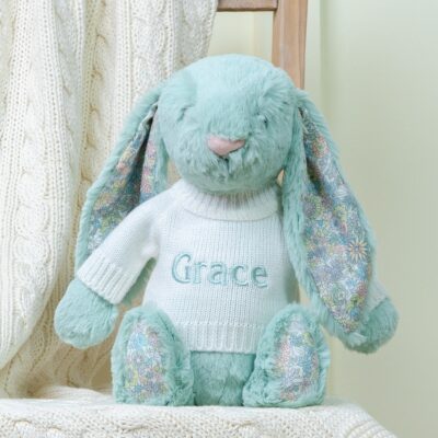 Personalised Toffee Moon luxury cream cable blanket and Jellycat sage blossom bunny baby gift set 2