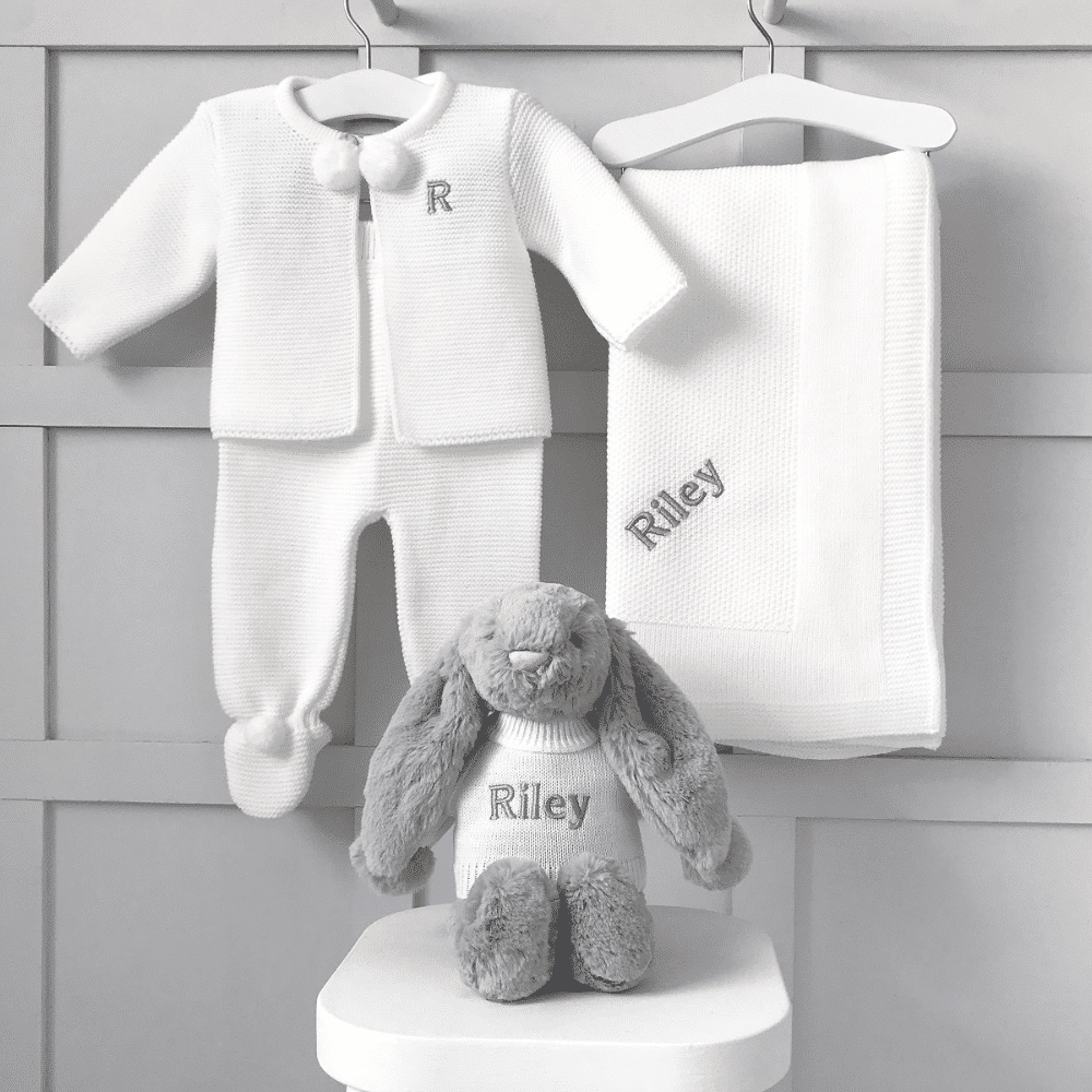 personalised baby clothes blanket and bunny teddy gift set