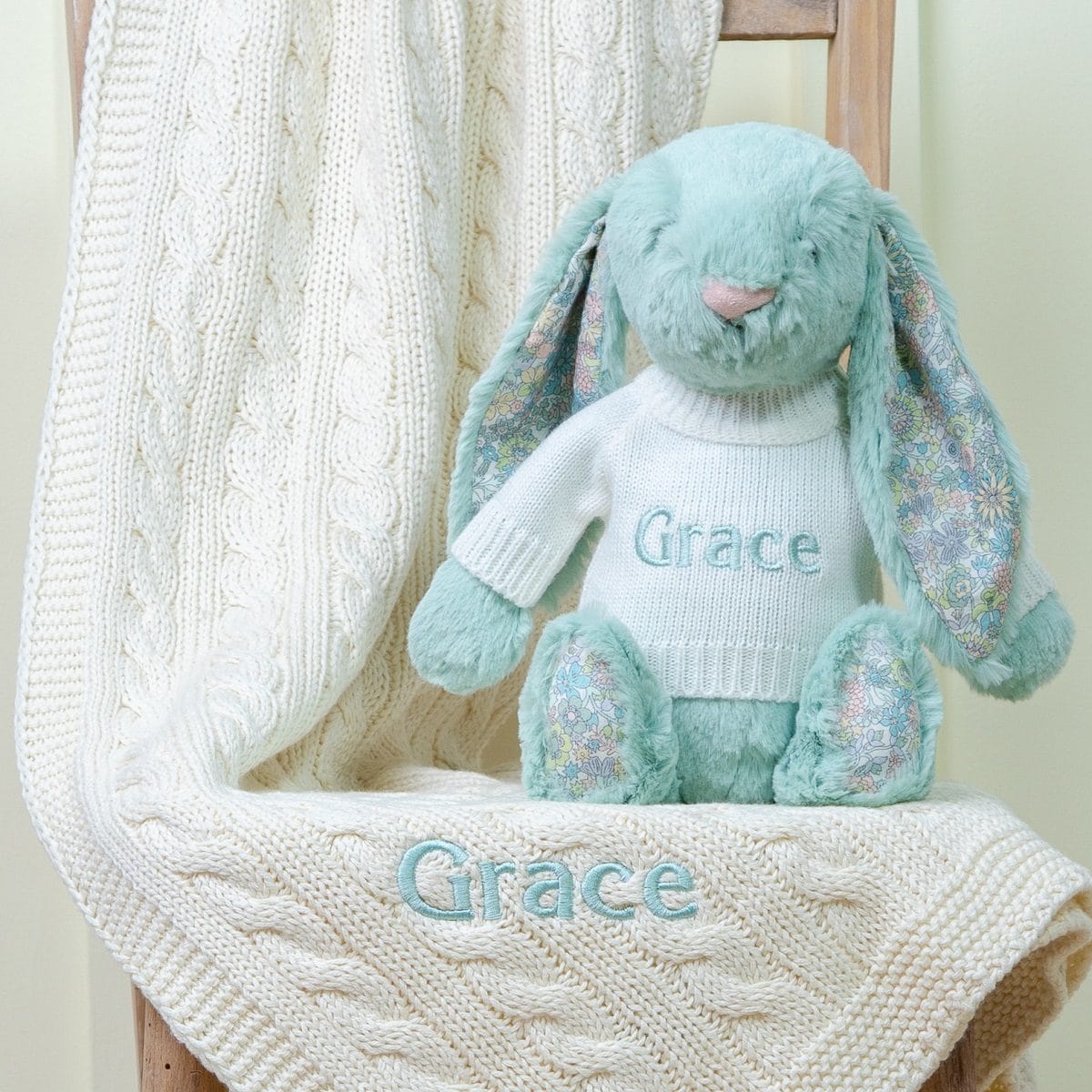 Personalised Toffee Moon luxury cream cable blanket and Jellycat sage blossom bunny baby gift set