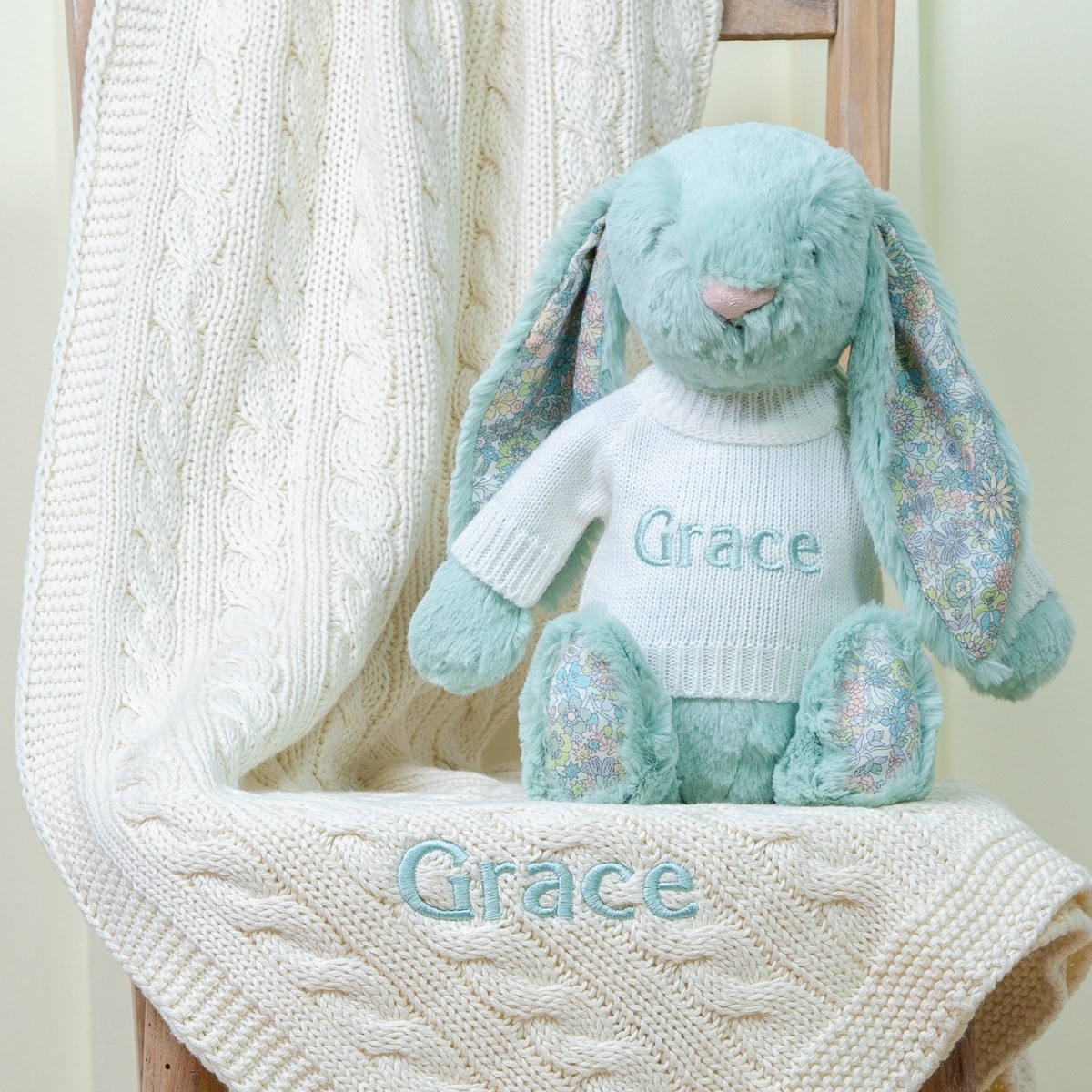 Personalised Toffee Moon luxury cream cable blanket and Jellycat sage blossom bunny baby gift set
